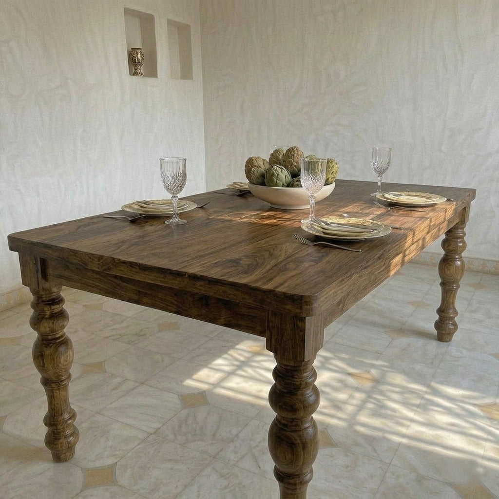 Aria Sheesham Wood 6 Seater Dining Table Set with Rattan Backrest Cushion Chairs | Solid Wood Dining Room Furniture