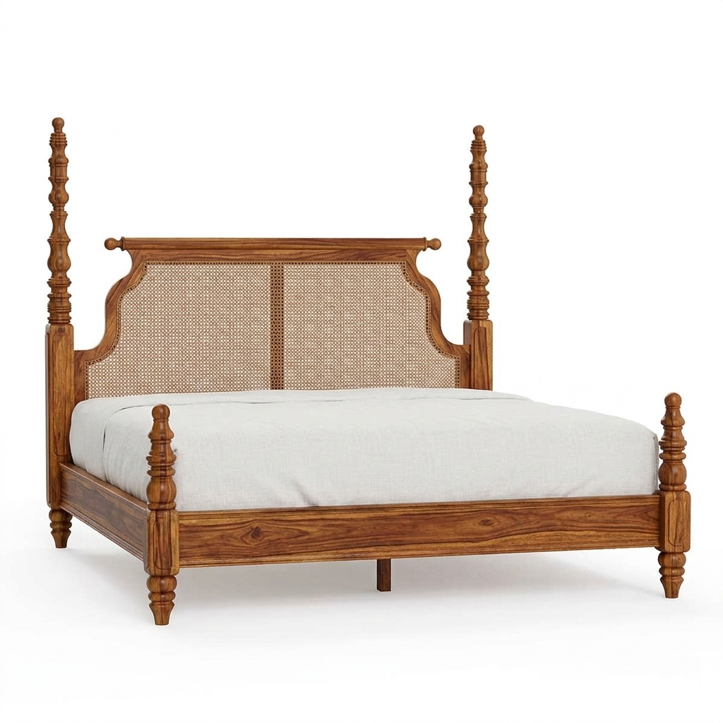 solid wood rattan bed honey finish