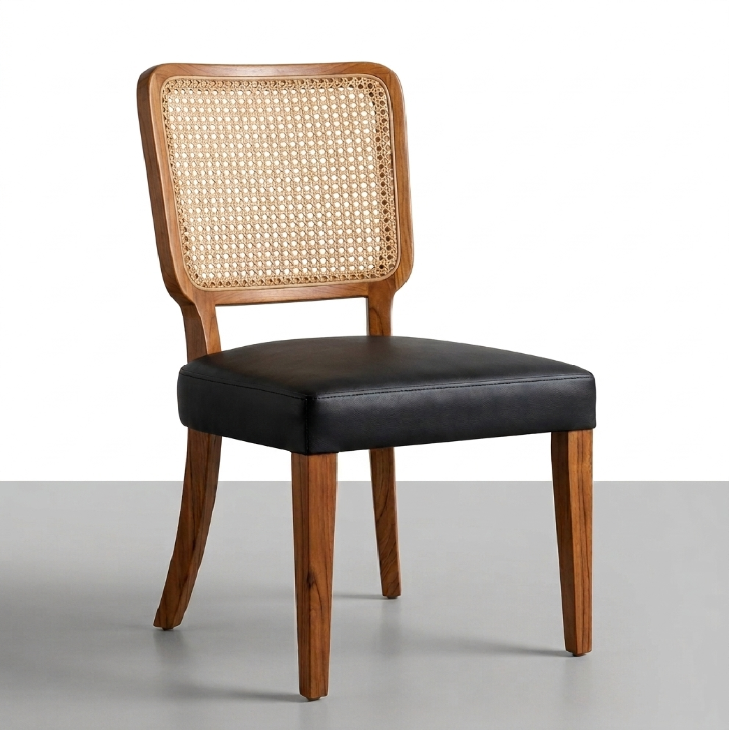 Aurelia Solid Wood Cane Dining Chair | Acacia Wood | Upholstered Seating | Honey Finish | Rattan Design