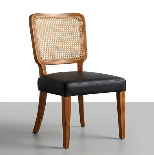 Aurelia Solid Wood Cane Dining Chair | Acacia Wood | Upholstered Seating | Honey Finish | Rattan Design