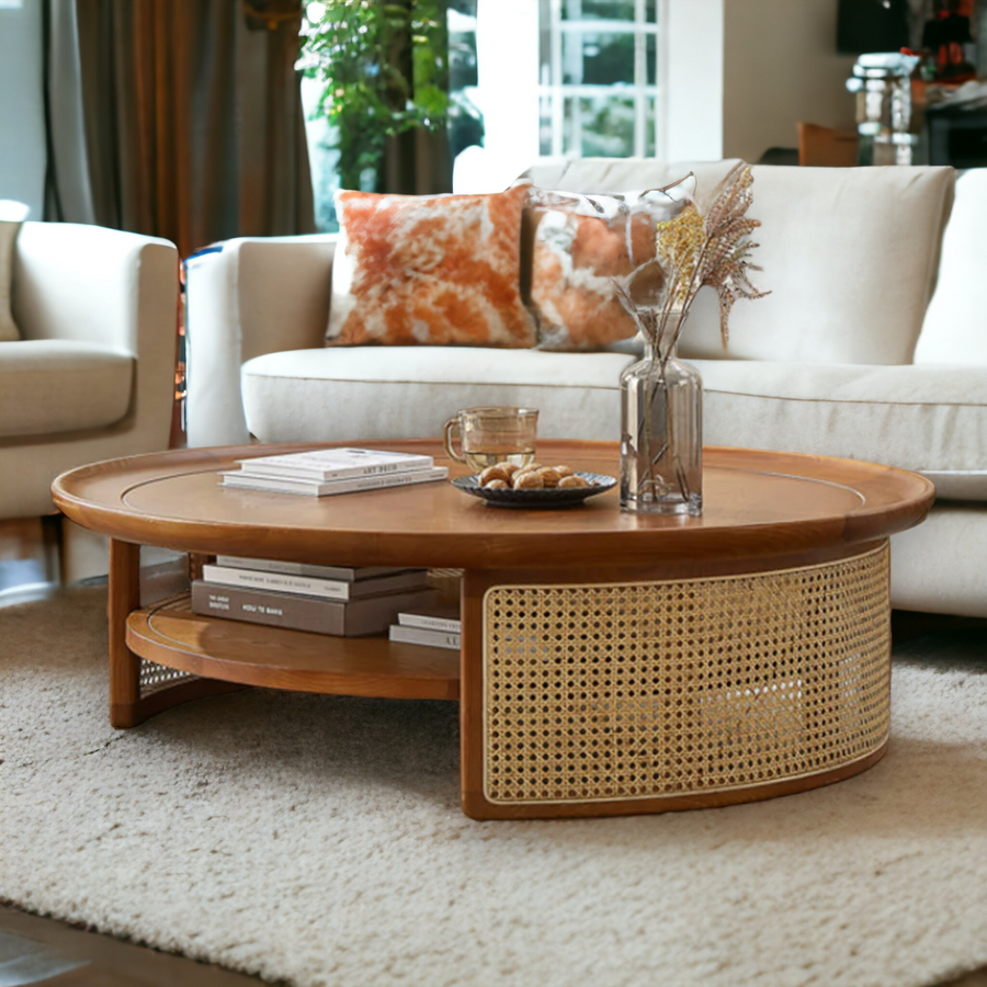 Round Coffee Table in Rattan & Solid Wood For Living Room