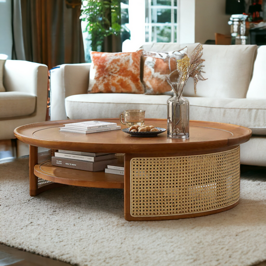 Round Coffee Table in Rattan & Solid Wood For Living Room