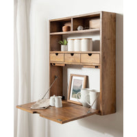 Solid Wood Floating Desk with Storage | Natural Finish | Wall Mount