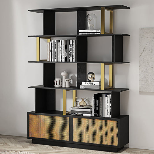 Contemporary Sheesham Wood Bookcase – 5 Shelves with 2 Storage Doors, Gold Finish