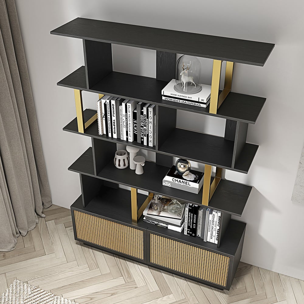 Contemporary Sheesham Wood Bookcase – 5 Shelves with 2 Storage Doors, Gold Finish