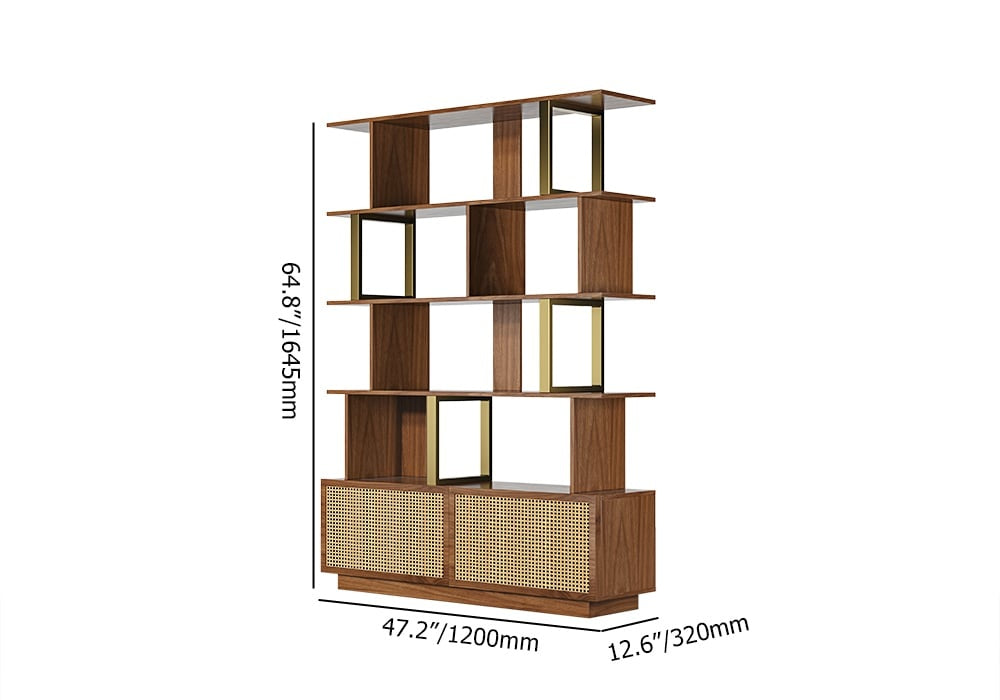 Contemporary Sheesham Wood Bookcase – 5 Shelves with 2 Storage Doors, Gold Finish