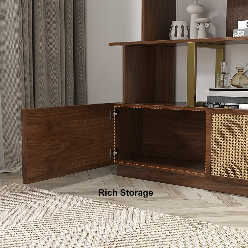 Contemporary Sheesham Wood Bookcase – 5 Shelves with 2 Storage Doors, Gold Finish