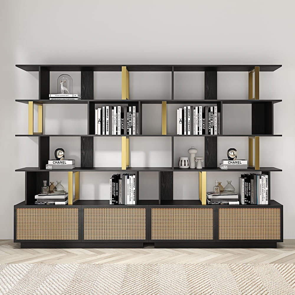 Contemporary Sheesham Wood Bookcase – 5 Shelves with 2 Storage Doors, Gold Finish
