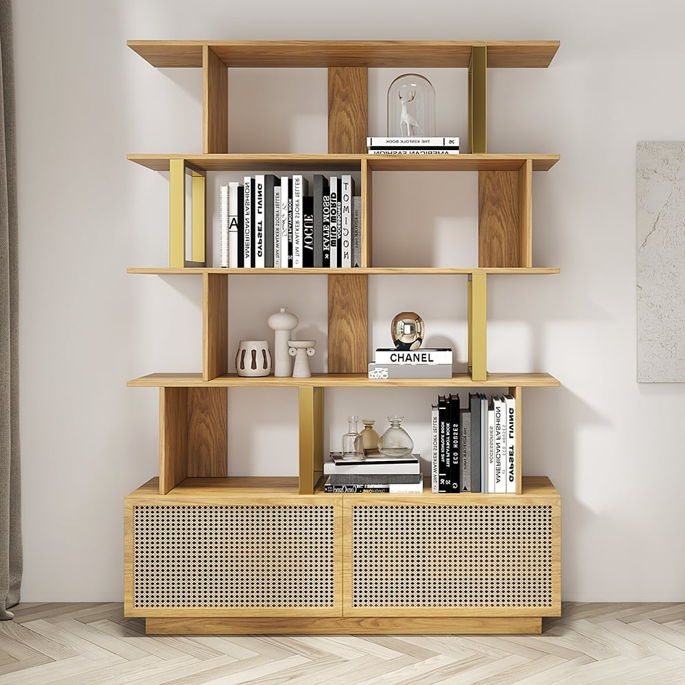Contemporary Sheesham Wood Bookcase – 5 Shelves with 2 Storage Doors, Gold Finish