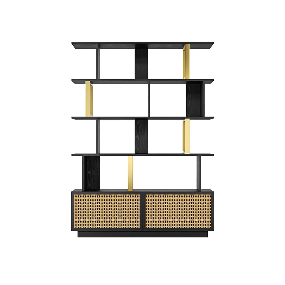 Contemporary Sheesham Wood Bookcase – 5 Shelves with 2 Storage Doors, Gold Finish