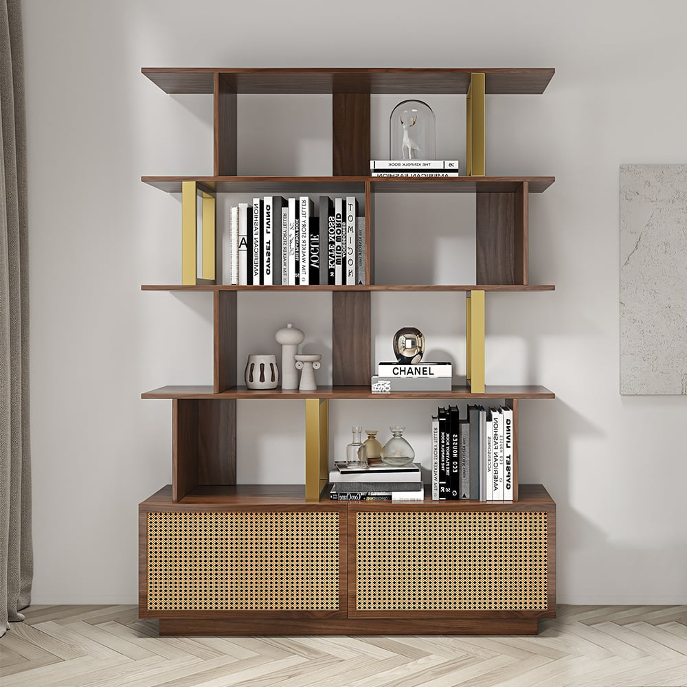 Contemporary Sheesham Wood Bookcase – 5 Shelves with 2 Storage Doors, Gold Finish