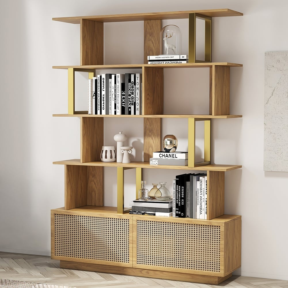 Contemporary Sheesham Wood Bookcase – 5 Shelves with 2 Storage Doors, Gold Finish