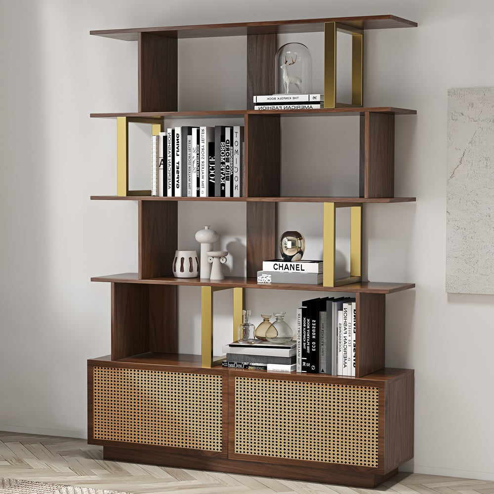 Contemporary Sheesham Wood Bookcase – 5 Shelves with 2 Storage Doors, Gold Finish