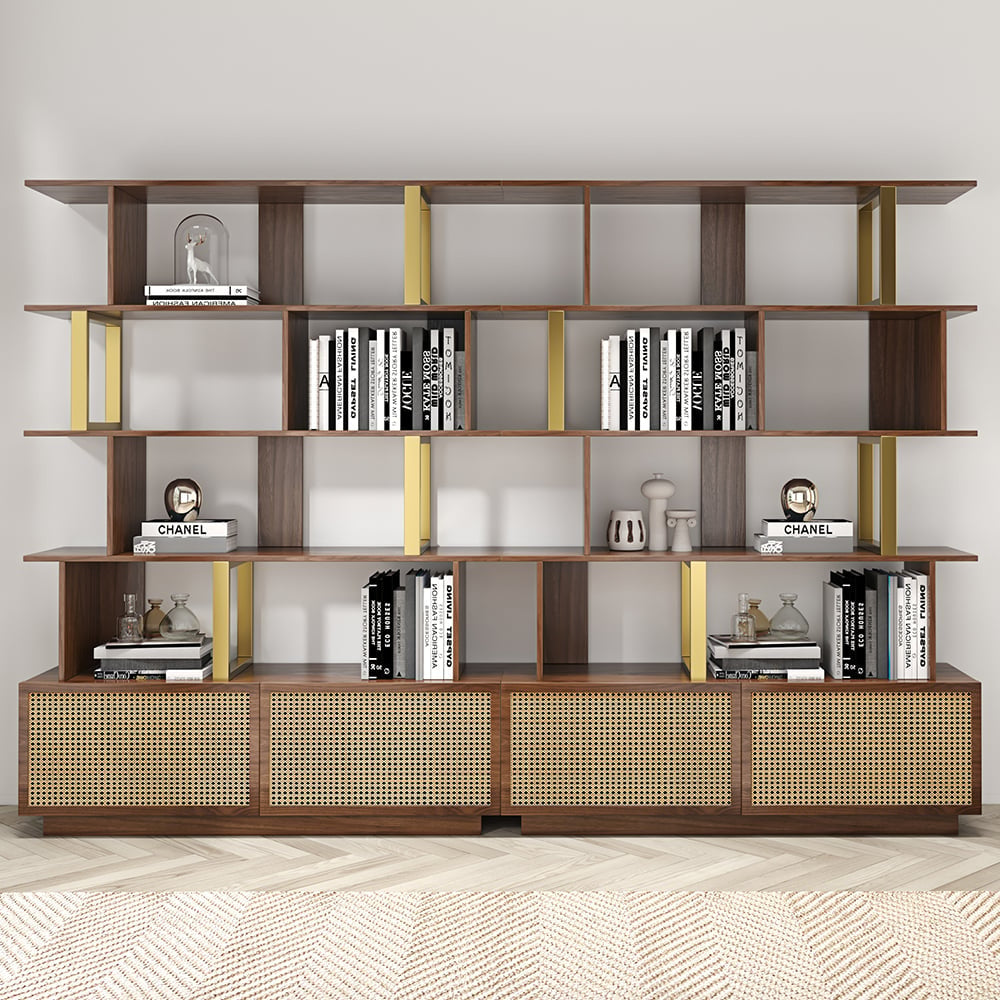 Contemporary Sheesham Wood Bookcase – 5 Shelves with 2 Storage Doors, Gold Finish