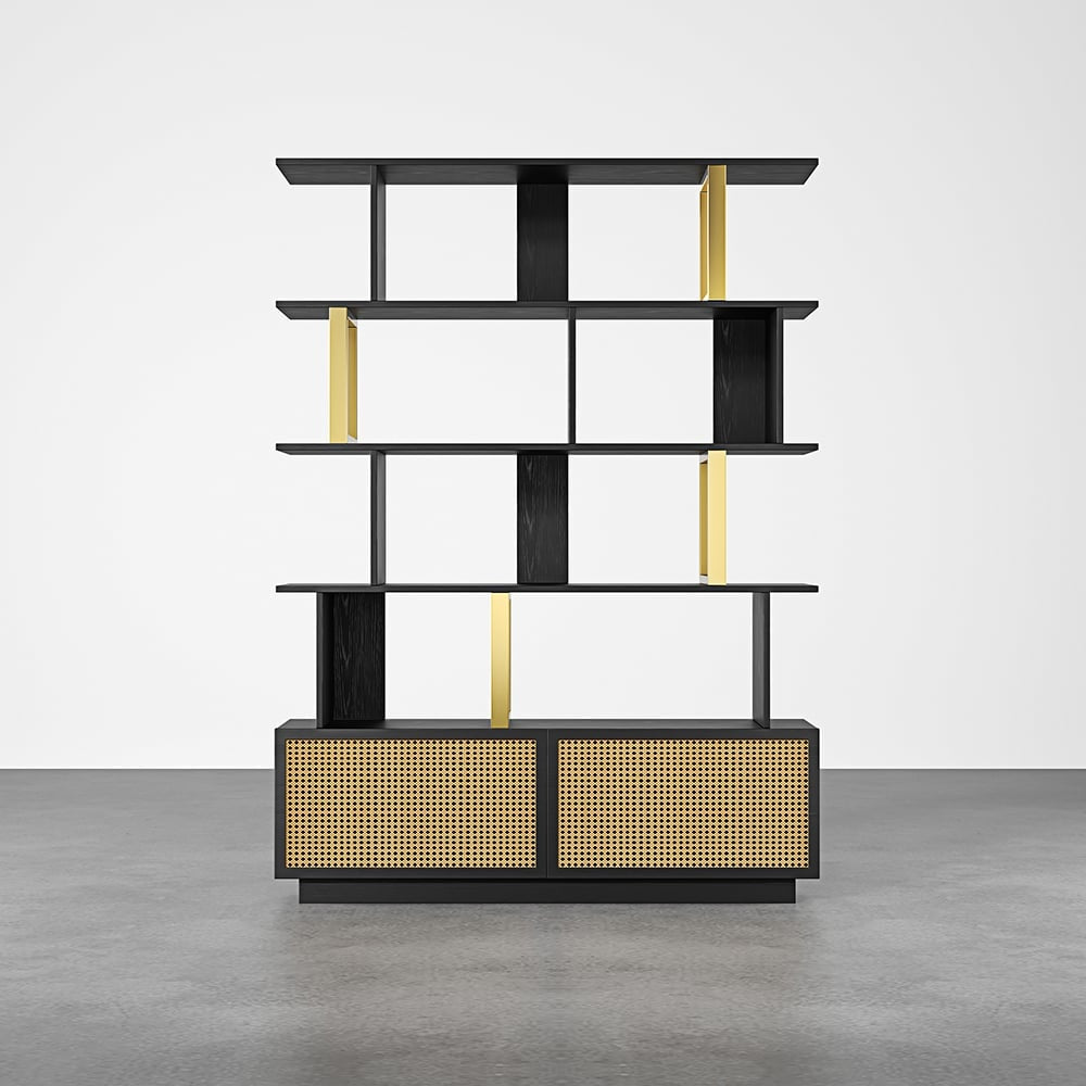 Contemporary Sheesham Wood Bookcase – 5 Shelves with 2 Storage Doors, Gold Finish