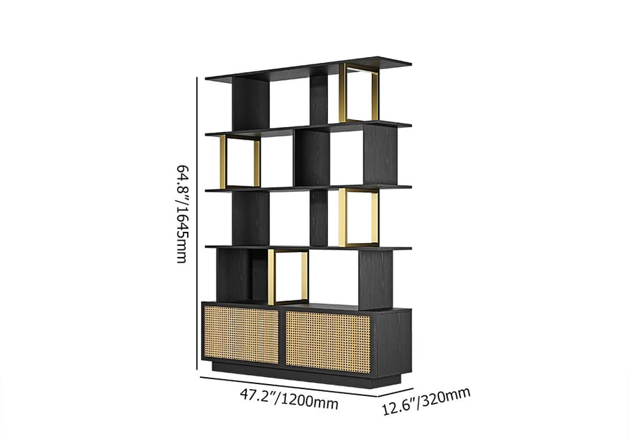 Contemporary Sheesham Wood Bookcase – 5 Shelves with 2 Storage Doors, Gold Finish