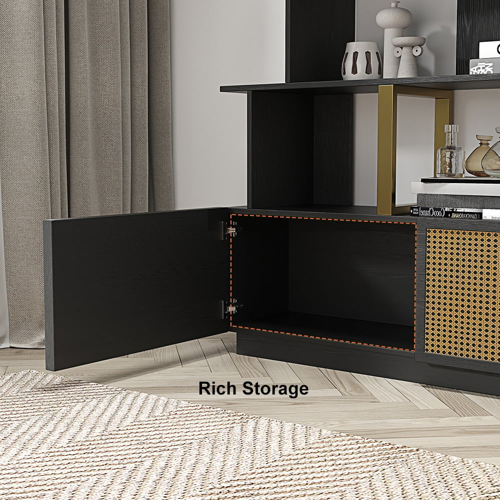 Contemporary Sheesham Wood Bookcase – 5 Shelves with 2 Storage Doors, Gold Finish