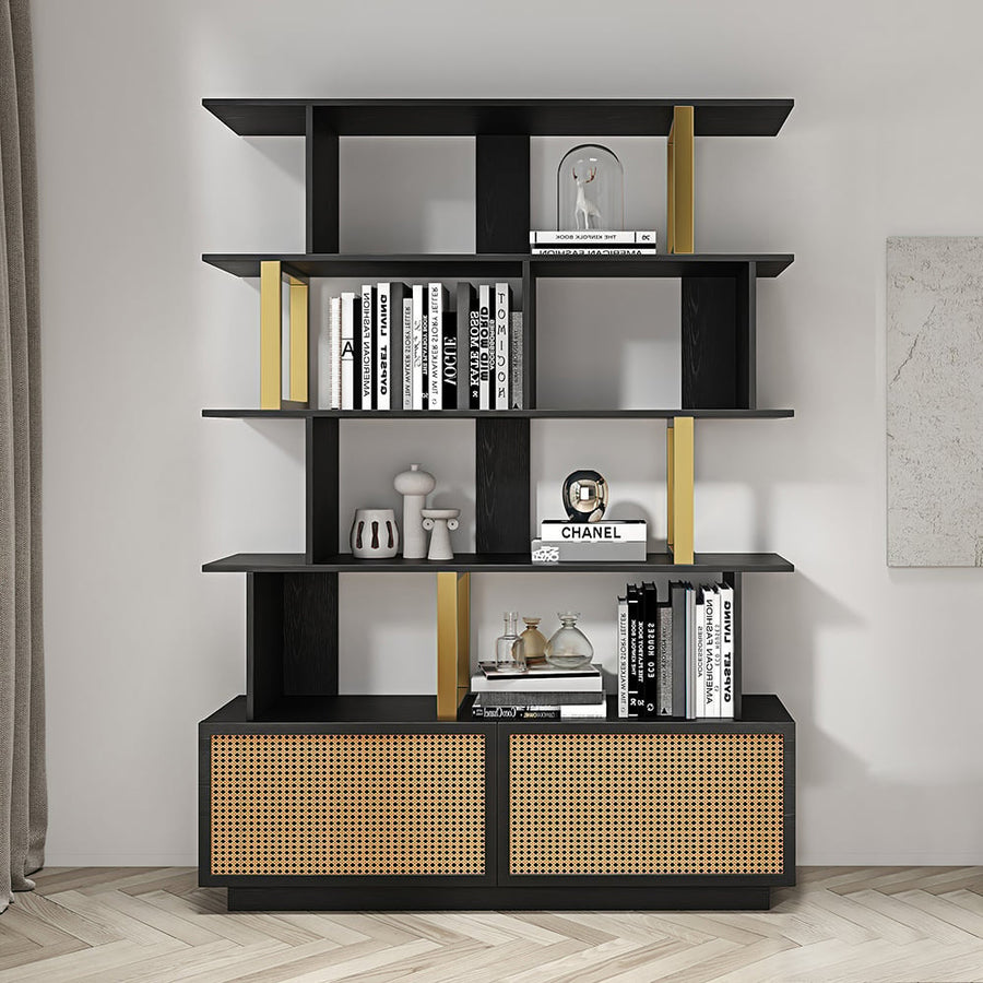 Contemporary Sheesham Wood Bookcase – 5 Shelves with 2 Storage Doors, Gold Finish