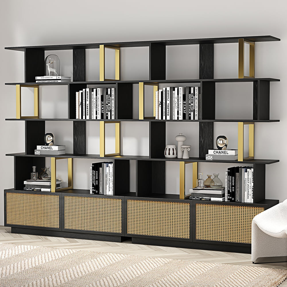 Contemporary Sheesham Wood Bookcase – 5 Shelves with 2 Storage Doors, Gold Finish