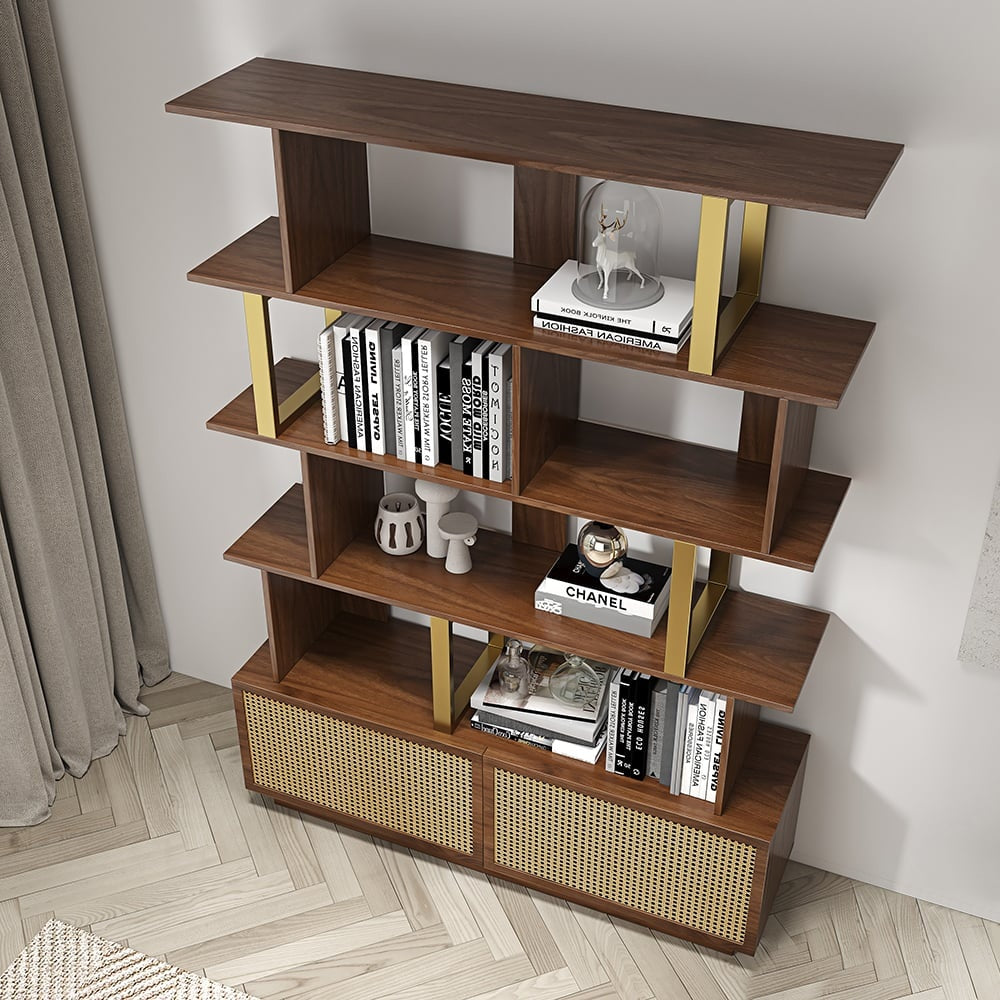 Contemporary Sheesham Wood Bookcase – 5 Shelves with 2 Storage Doors, Gold Finish