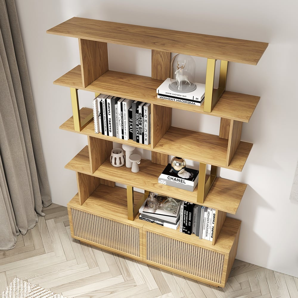 Contemporary Sheesham Wood Bookcase – 5 Shelves with 2 Storage Doors, Gold Finish