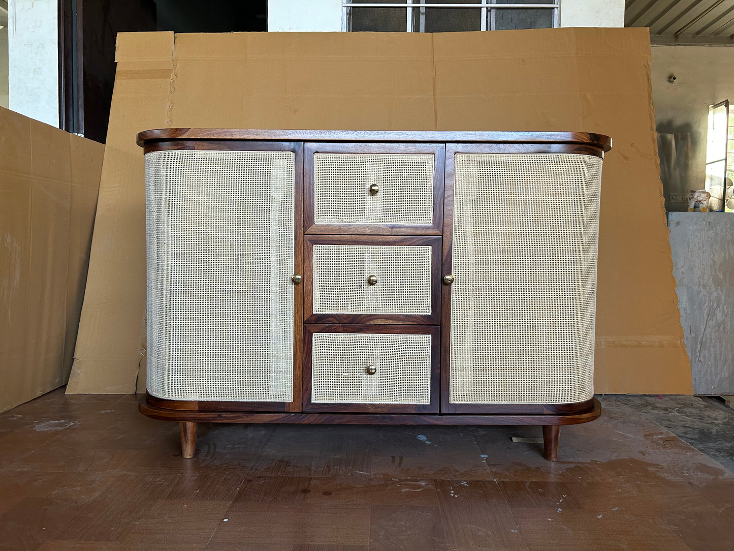 Curve Rattan Sideboard in Sheesham Wood | Premium Matt Finish | Storage Furniture