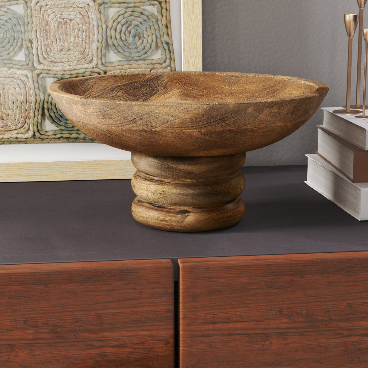 Premium Mango Wood Ribbed Pedestal Round Bowl (12 Inch)