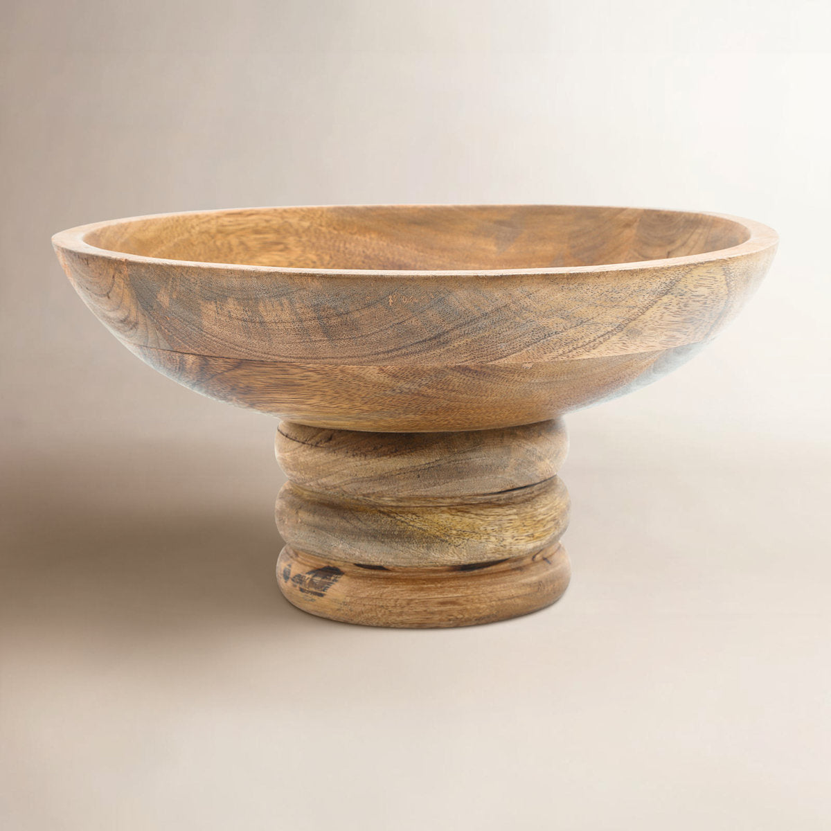 Premium Mango Wood Ribbed Pedestal Round Bowl (12 Inch)
