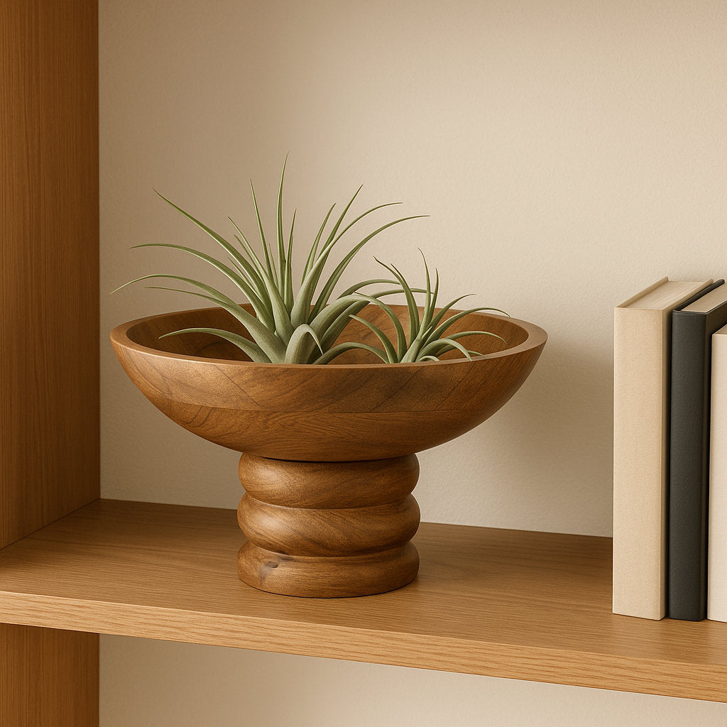 Premium Mango Wood Ribbed Pedestal Round Bowl (12 Inch)