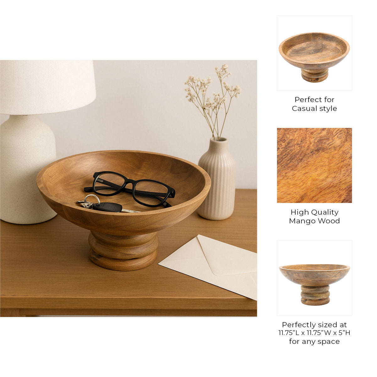 Premium Mango Wood Ribbed Pedestal Round Bowl (12 Inch)