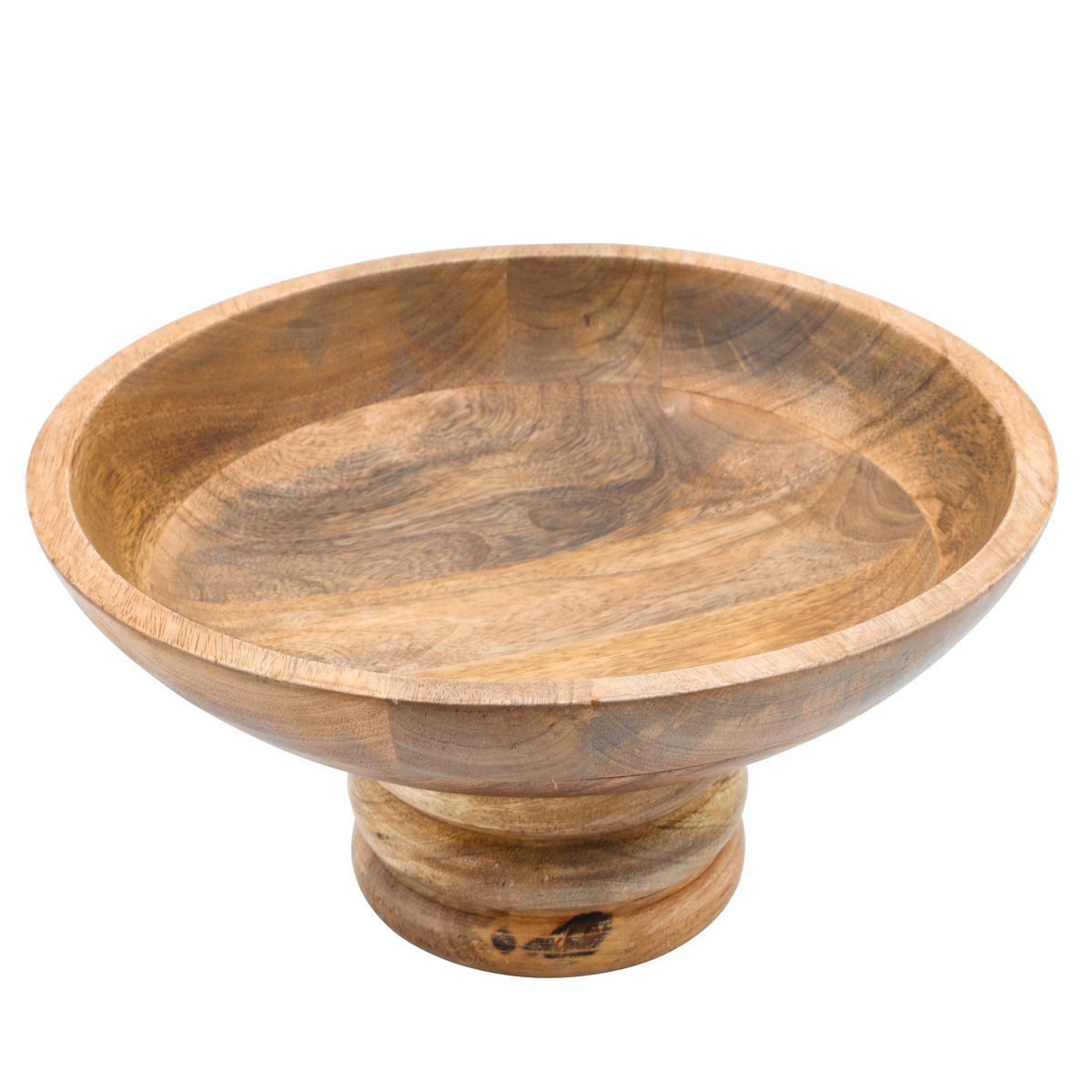 Premium Mango Wood Ribbed Pedestal Round Bowl (12 Inch)