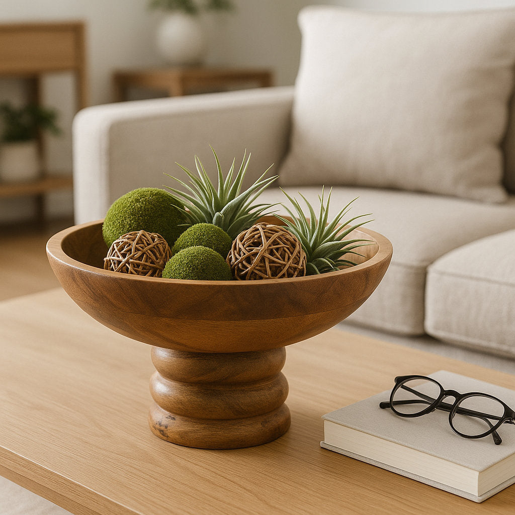 Premium Mango Wood Ribbed Pedestal Round Bowl (12 Inch)