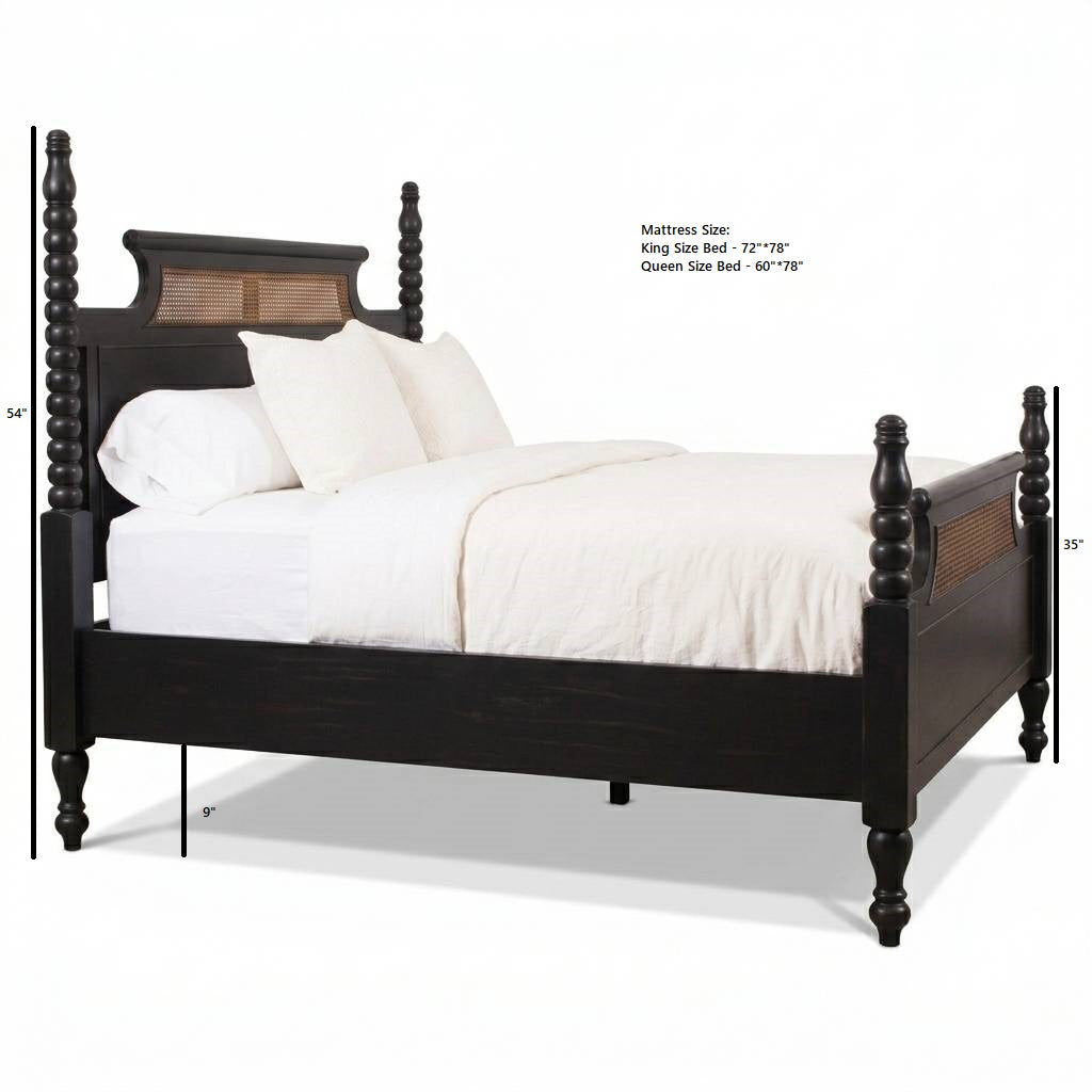 Tico Sheesham Wood Cane Bed - Natural Rattan | Black Finish| Solid Wood | Poster Bed