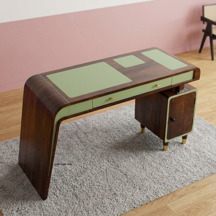 modern study desk in walnut sage green finish
