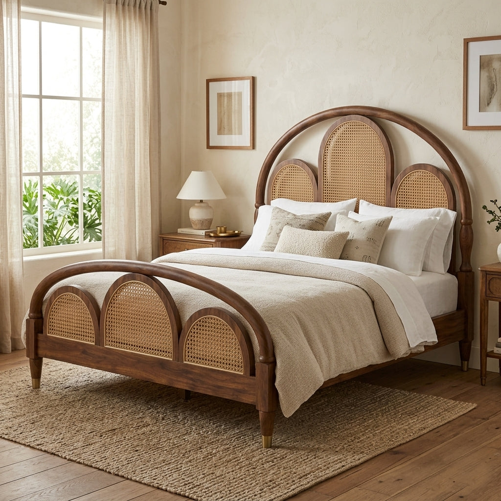 Elena Sheesham Wood Queen Size Bed with Rattan Cane Headboard | Solid Wood Bedroom Furniture