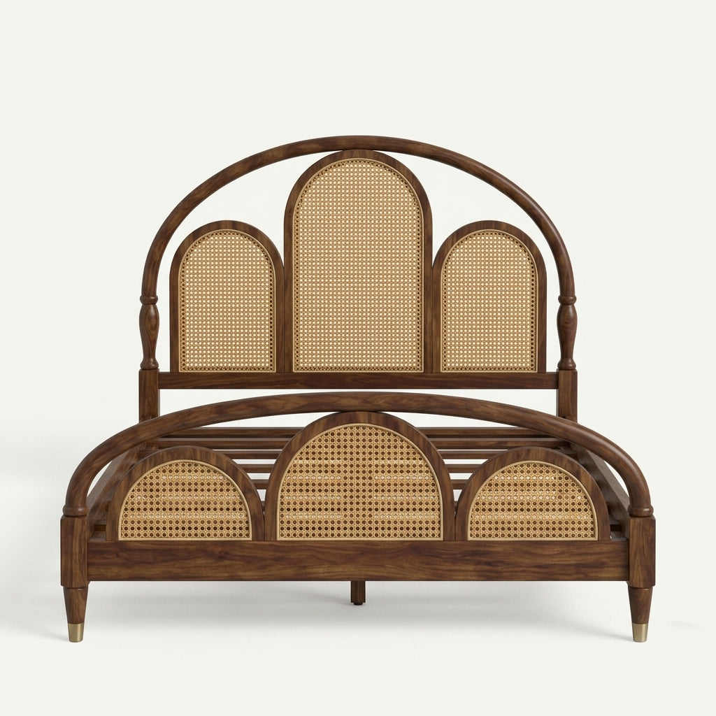 Elena Sheesham Wood Queen Size Bed with Rattan Cane Headboard | Solid Wood Bedroom Furniture