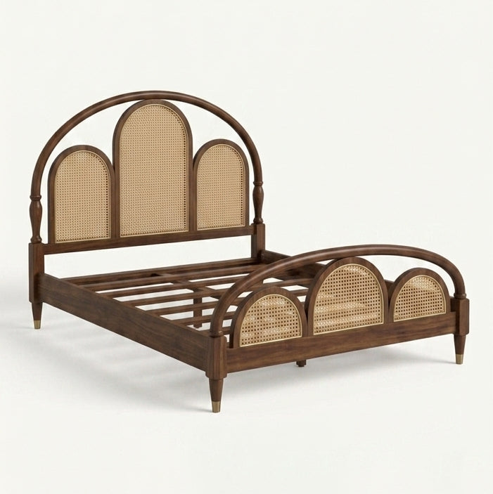 Elena Sheesham Wood Queen Size Bed with Rattan Cane Headboard | Solid Wood Bedroom Furniture