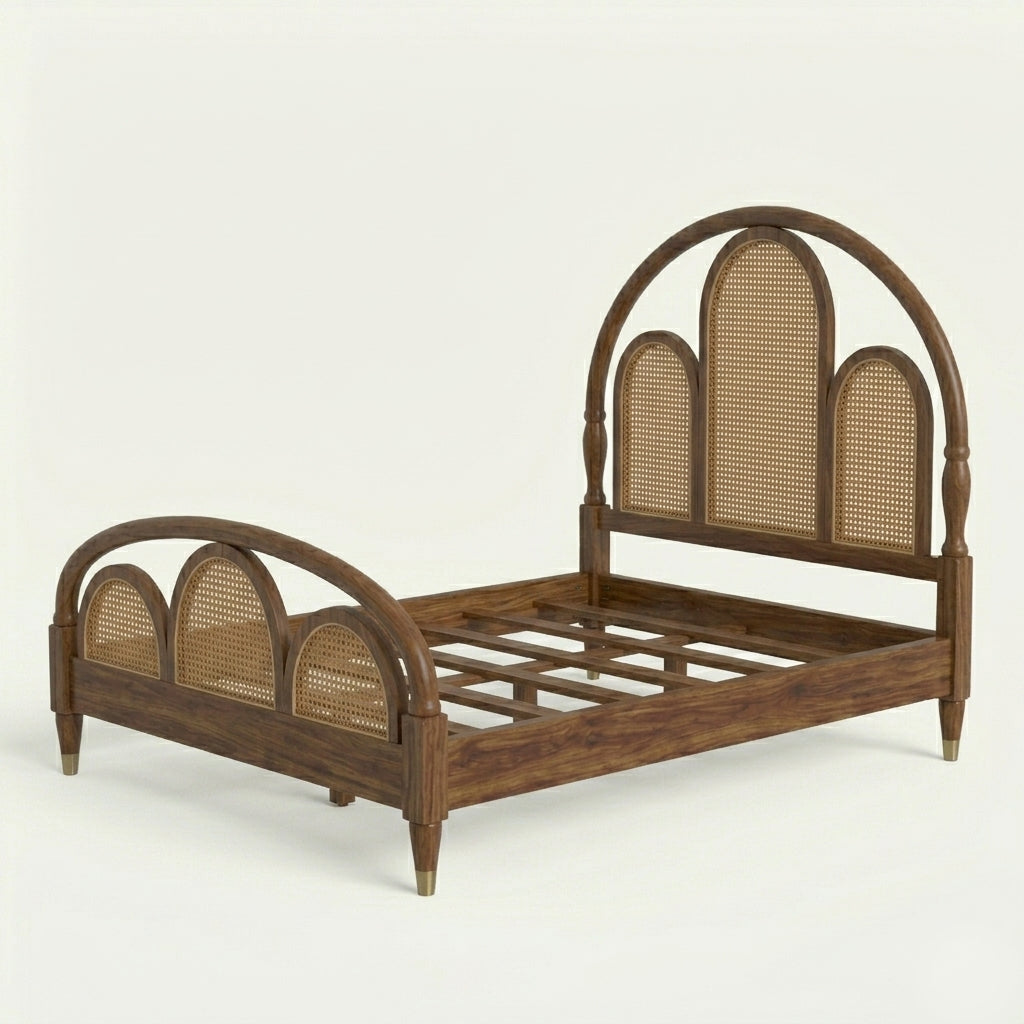 Elena Sheesham Wood Queen Size Bed with Rattan Cane Headboard | Solid Wood Bedroom Furniture