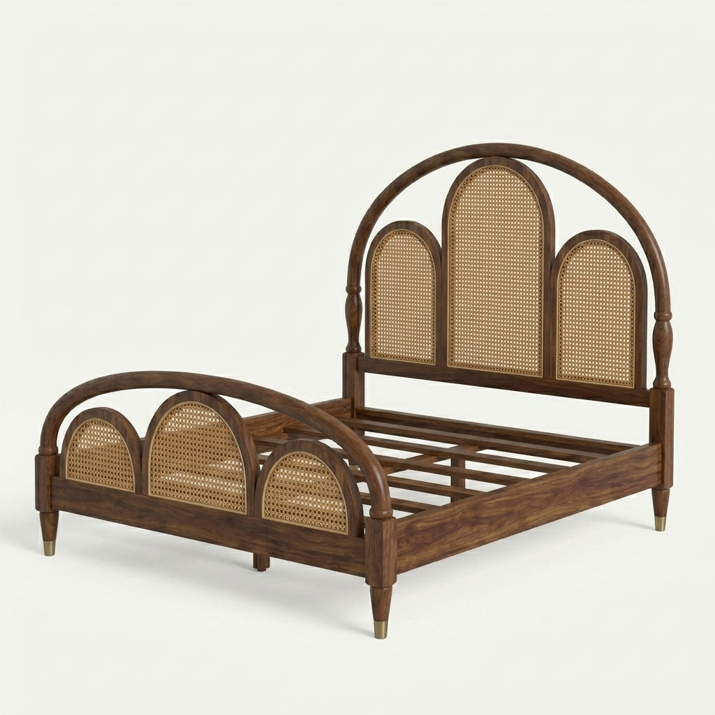 Elena Sheesham Wood Queen Size Bed with Rattan Cane Headboard | Solid Wood Bedroom Furniture