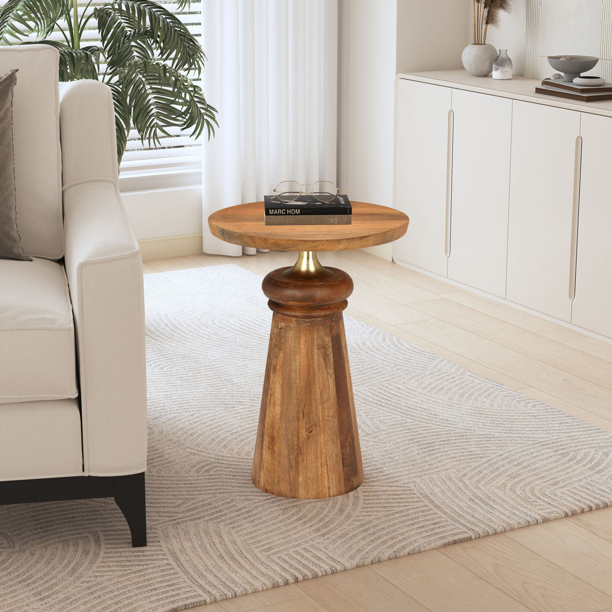 Feona Mango Wood Cone Round Accent table in Solid Wood