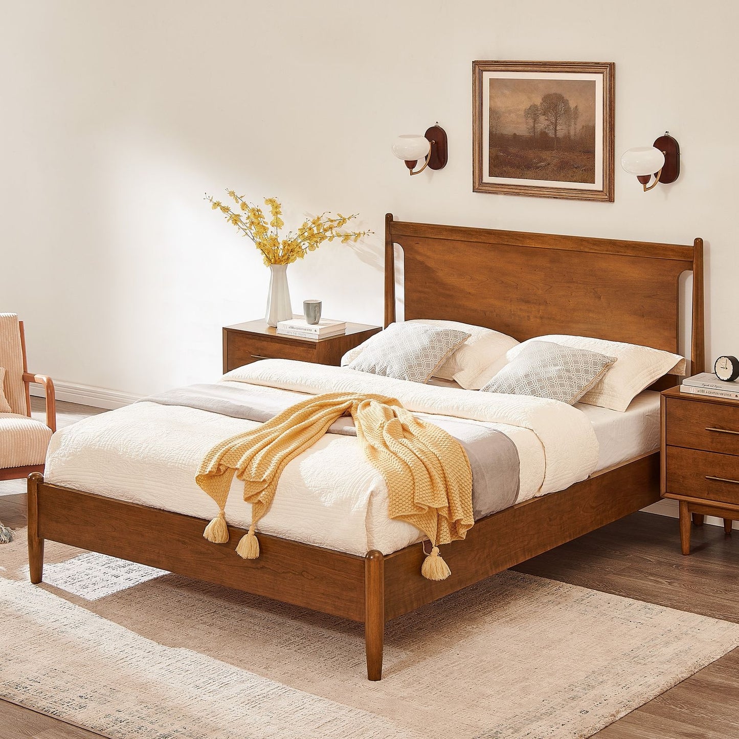 Haveli Classic Bed |Mid Century Design | Solid Wood |Mango Wood | Honey Finish | Without Storage | King Size & Queen Size | Bedroom Furniture