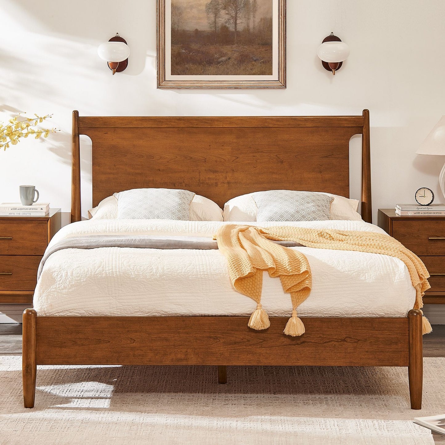 Haveli Classic Bed |Mid Century Design | Solid Wood |Mango Wood | Honey Finish | Without Storage | King Size & Queen Size | Bedroom Furniture