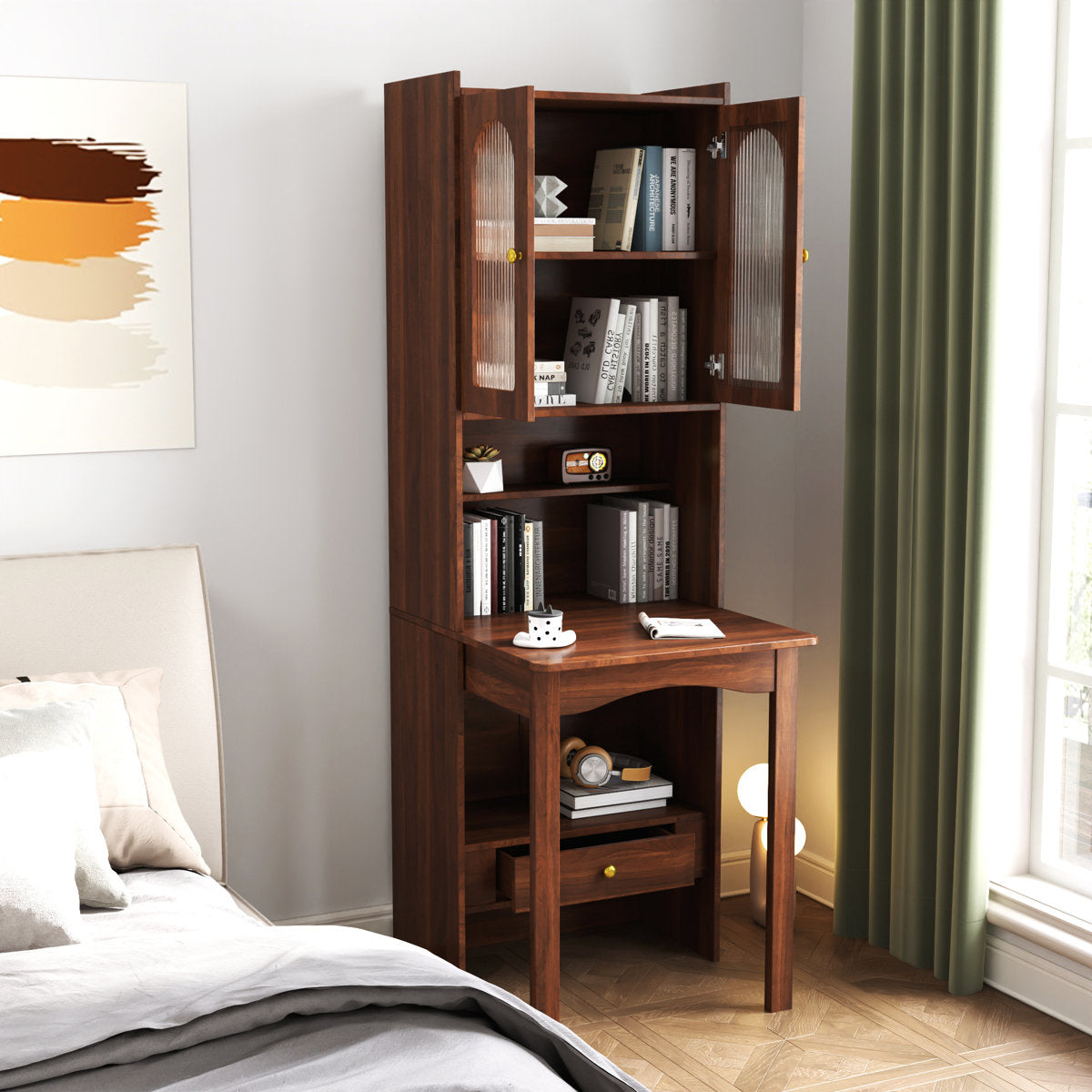 Horizon Bookshelf Home Office Study Table With Fluted Glass Door Storage | Solid Wood | Satin Matt Finish