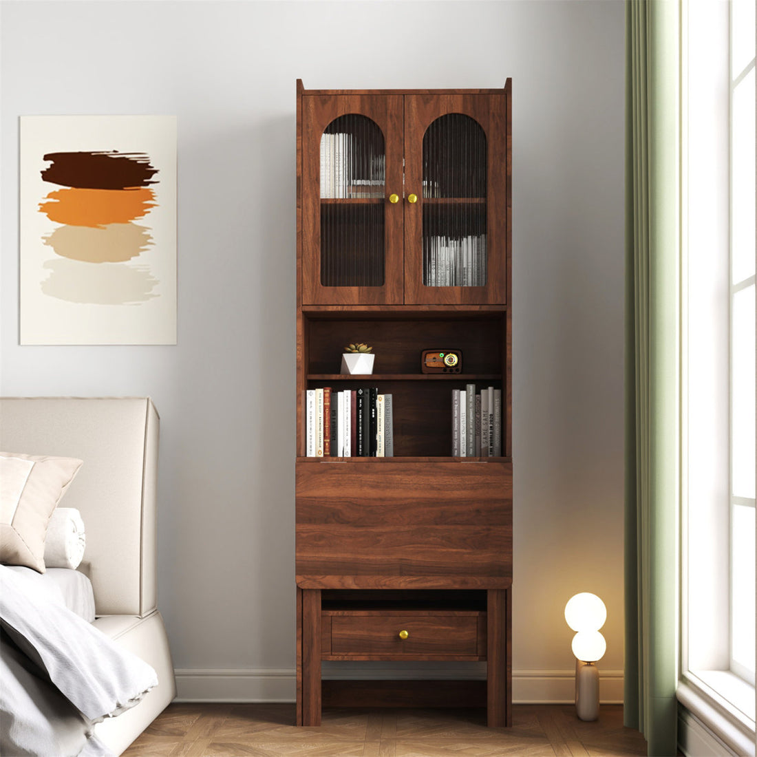 Horizon Bookshelf Home Office Study Table With Fluted Glass Door Storage | Solid Wood | Satin Matt Finish