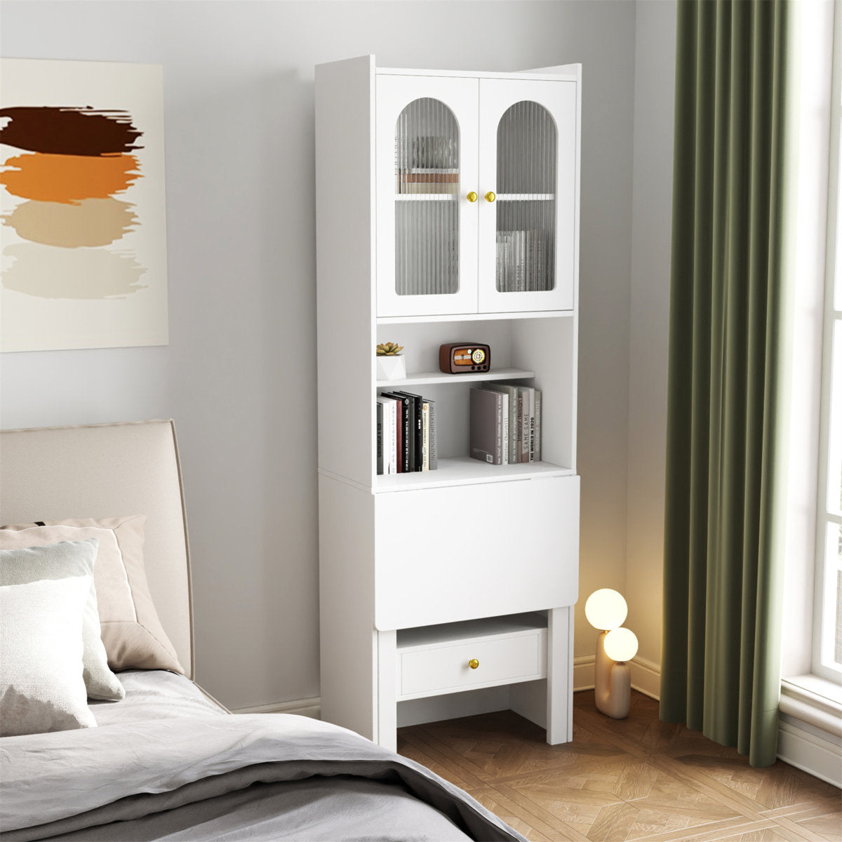 Horizon Bookshelf Home Office Study Table With Fluted Glass Door Storage | Solid Wood | Satin Matt Finish