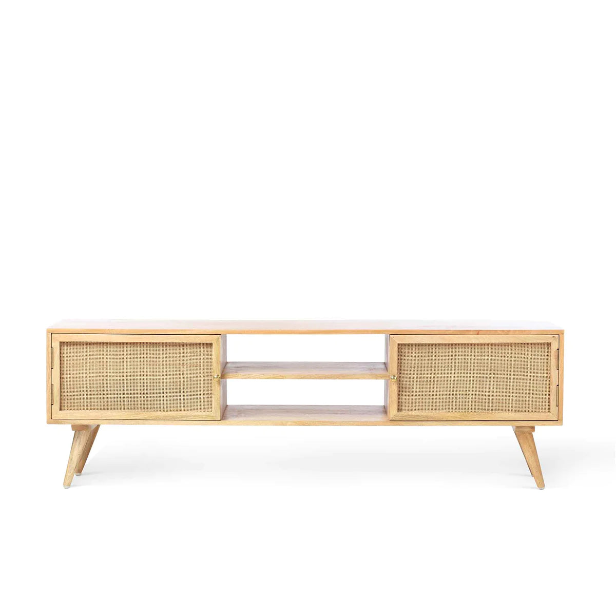 Ikanti Mango Wood Rattan Design TV Stand |Natural Finish| Door Storage | Open Shelf
