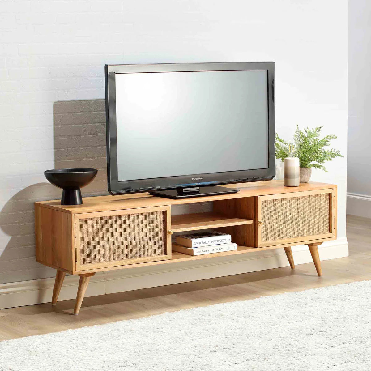 Ikanti Mango Wood Rattan Design TV Stand |Natural Finish| Door Storage | Open Shelf