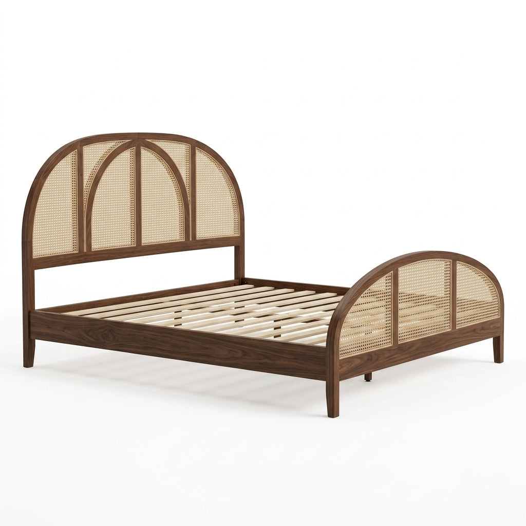 Jharokha Sheesham Wood & Rattan Cane Bed (Walnut Finish)