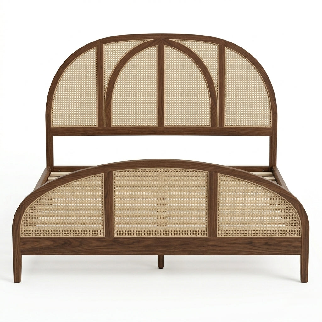 Jharokha Sheesham Wood & Rattan Cane Bed (Walnut Finish)