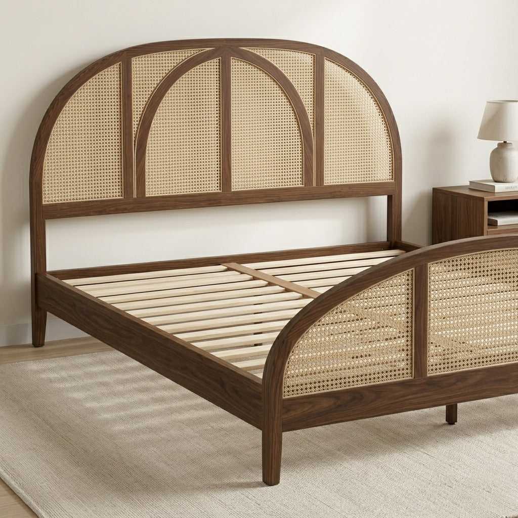 Jharokha Sheesham Wood & Rattan Cane Bed (Walnut Finish)
